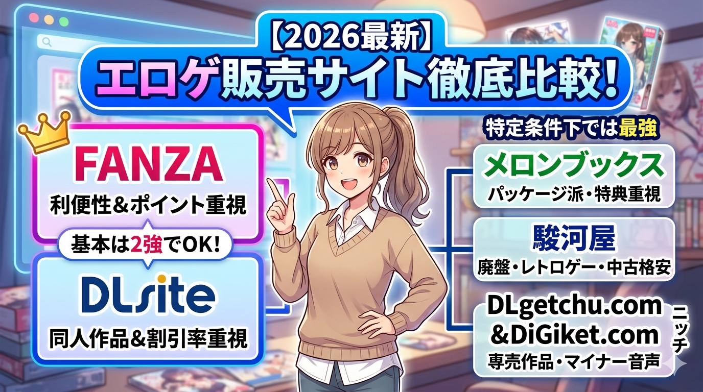 エロゲ販売サイト比較2026：FANZA・DLsite・メロンブックス・駿河屋の使い分けを解説するキャラクターイラスト