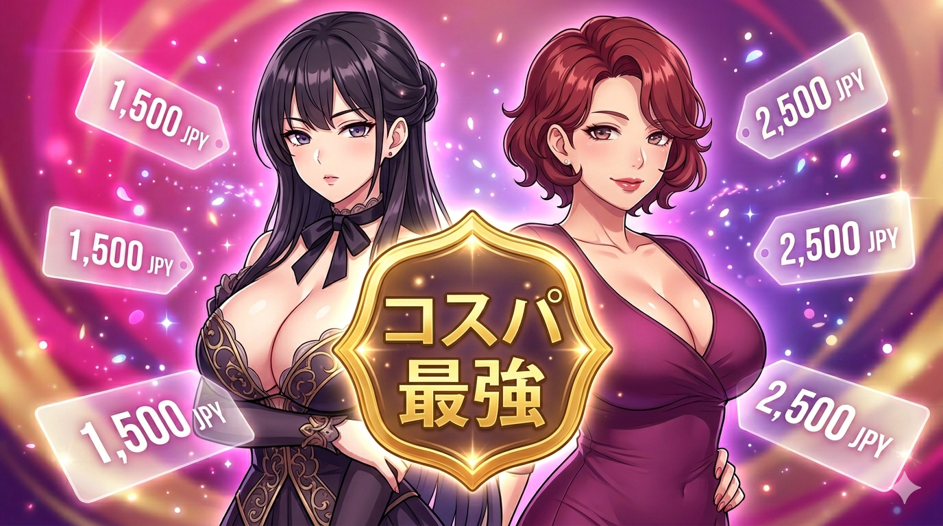 格安で実用性の高いおすすめエロゲ6選を紹介するブログ記事のサムネイルイラスト。爆乳のお嬢様キャラと艶やかな熟女キャラの二人が並び、中央に「コスパ最強」、周囲に「1,500円」「2,500円」の価格タグが浮いているデザイン。