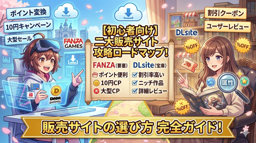 エロゲ販売サイト比較。FANZA GAMESとDLsiteの特徴・セール情報の解説イラスト
