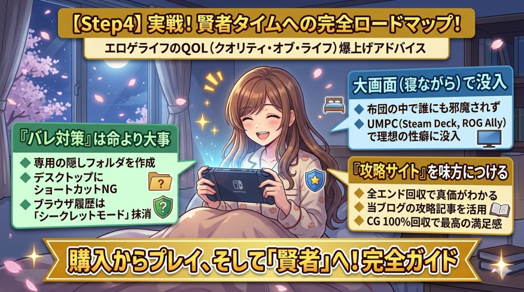エロゲのQOL向上。バレ対策（隠しフォルダ）、UMPC（Steam Deck/ROG Ally）でのプレイ、攻略サイトの活用方法の解説イラスト